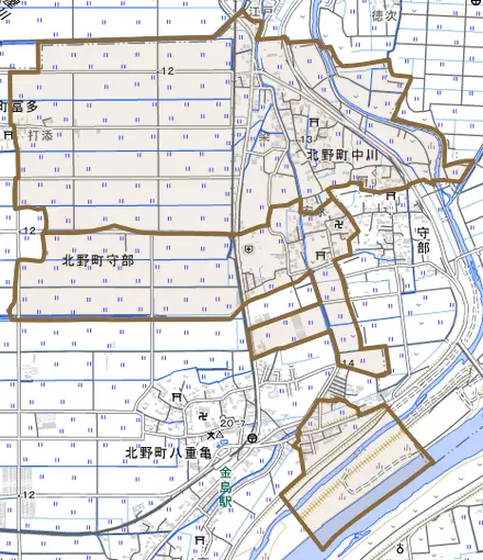 北野町中川とその周辺の地図。町の範囲を重ねている