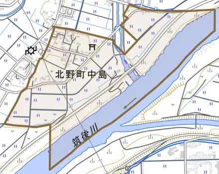 北野町中島とその周辺の地図。町の範囲を重ねている