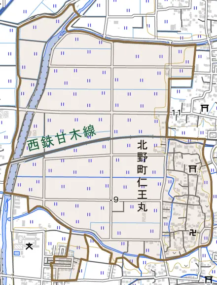 北野町仁王丸とその周辺の地図。町の範囲を重ねている