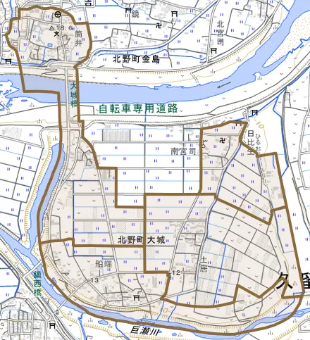 北野町大城とその周辺の地図。町の範囲を重ねている