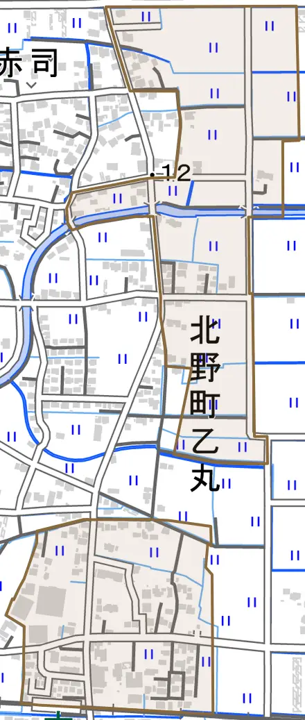 北野町乙丸とその周辺の地図。町の範囲を重ねている
