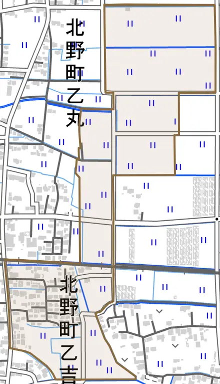北野町乙吉とその周辺の地図。町の範囲を重ねている