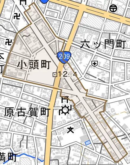 小頭町とその周辺の地図。町の範囲を重ねている