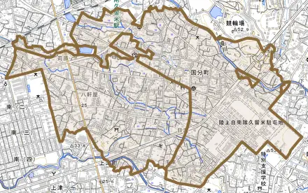 国分町とその周辺の地図。町の範囲を重ねている