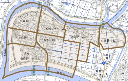 小森野とその周辺の地図。町の範囲を重ねている