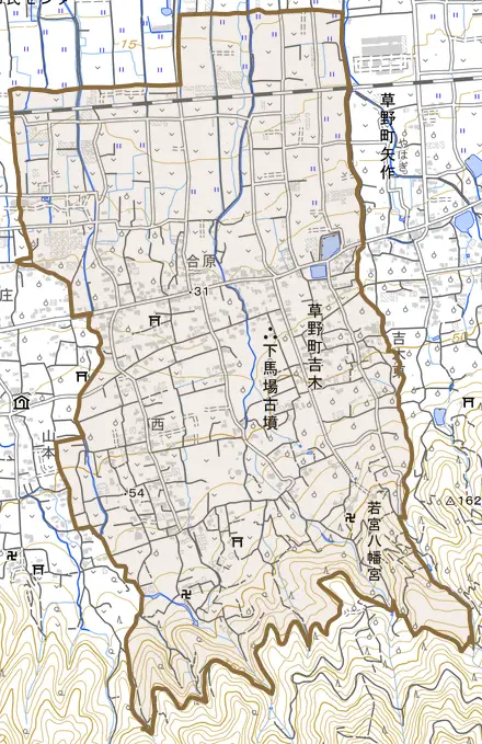 草野町吉木とその周辺の地図。町の範囲を重ねている