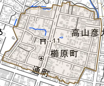櫛原町とその周辺の地図。町の範囲を重ねている