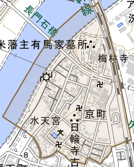 京町とその周辺の地図。町の範囲を重ねている