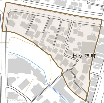 松ケ枝町とその周辺の地図。町の範囲を重ねている