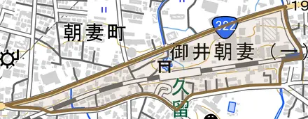 御井朝妻とその周辺の地図。町の範囲を重ねている