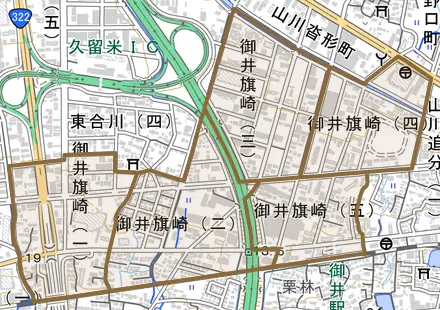 御井旗崎とその周辺の地図。町の範囲を重ねている
