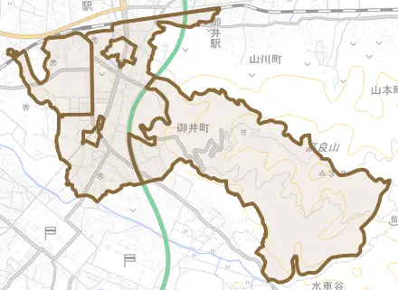 御井町とその周辺の地図。町の範囲を重ねている