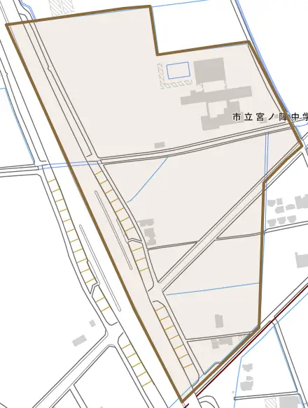 宮ノ陣町五郎丸とその周辺の地図。町の範囲を重ねている