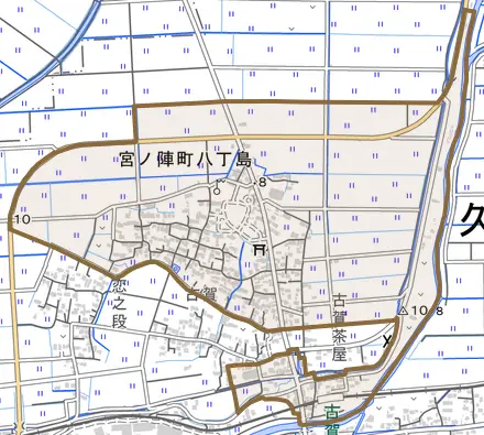 宮ノ陣町八丁島とその周辺の地図。町の範囲を重ねている