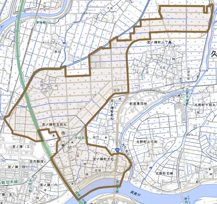 宮ノ陣町大杜とその周辺の地図。町の範囲を重ねている