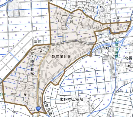 宮ノ陣町若松とその周辺の地図。町の範囲を重ねている