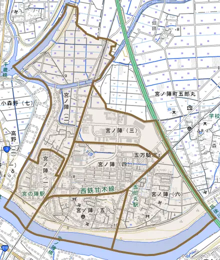 宮ノ陣とその周辺の地図。町の範囲を重ねている