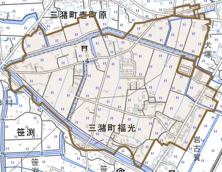 三潴町福光とその周辺の地図。町の範囲を重ねている