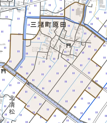 三潴町原田とその周辺の地図。町の範囲を重ねている