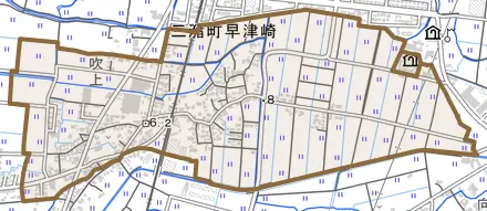 三潴町早津崎とその周辺の地図。町の範囲を重ねている