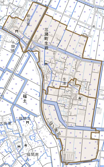 三潴町生岩とその周辺の地図。町の範囲を重ねている