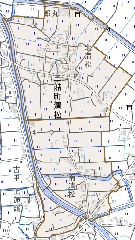 三潴町清松とその周辺の地図。町の範囲を重ねている