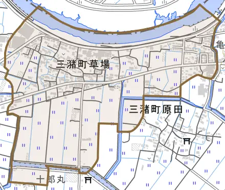 三潴町草場とその周辺の地図。町の範囲を重ねている