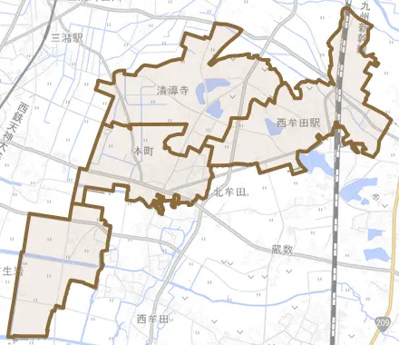 三潴町西牟田とその周辺の地図。町の範囲を重ねている
