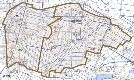 三潴町田川とその周辺の地図。町の範囲を重ねている