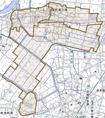 三潴町高三潴とその周辺の地図。町の範囲を重ねている