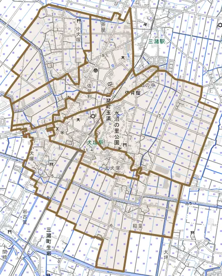 三潴町玉満とその周辺の地図。町の範囲を重ねている