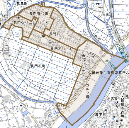 長門石とその周辺の地図。町の範囲を重ねている
