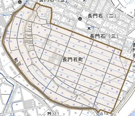 長門石町とその周辺の地図。町の範囲を重ねている