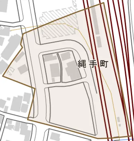 縄手町とその周辺の地図。町の範囲を重ねている