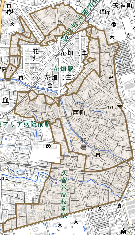 西町とその周辺の地図。町の範囲を重ねている