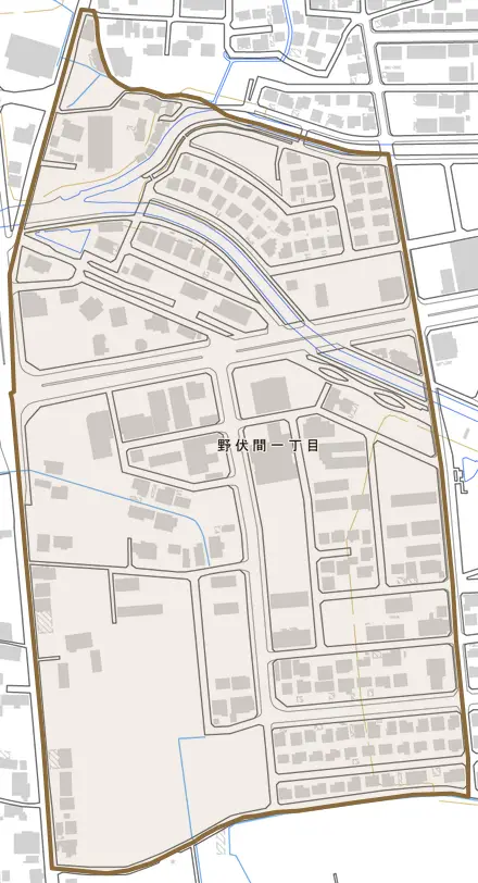 野伏間とその周辺の地図。町の範囲を重ねている