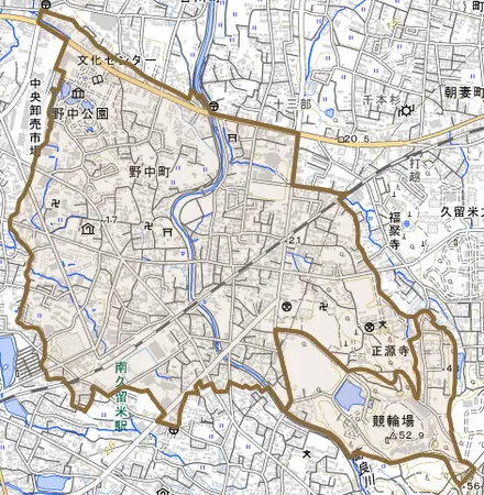 野中町とその周辺の地図。町の範囲を重ねている