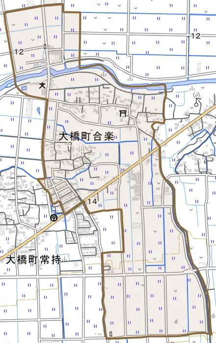 大橋町合楽とその周辺の地図。町の範囲を重ねている