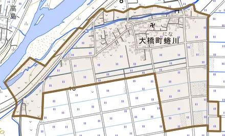 大橋町蜷川とその周辺の地図。町の範囲を重ねている