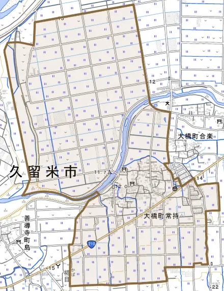 大橋町常持とその周辺の地図。町の範囲を重ねている