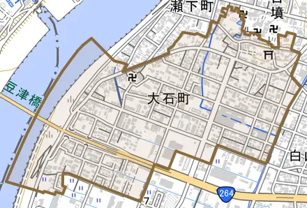 大石町とその周辺の地図。町の範囲を重ねている