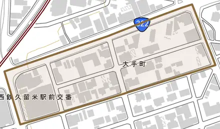 大手町とその周辺の地図。町の範囲を重ねている