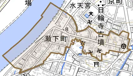 瀬下町とその周辺の地図。町の範囲を重ねている