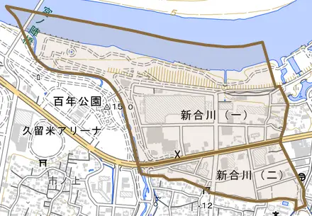 新合川とその周辺の地図。町の範囲を重ねている