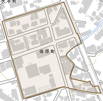 篠原町とその周辺の地図。町の範囲を重ねている