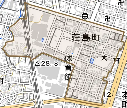 荘島町とその周辺の地図。町の範囲を重ねている