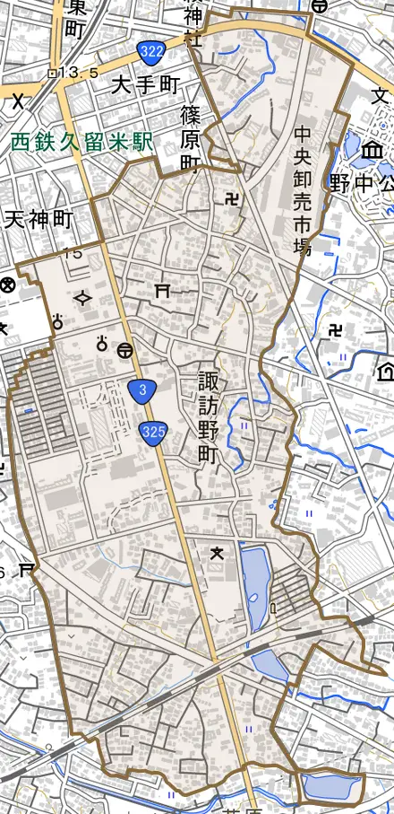諏訪野町とその周辺の地図。町の範囲を重ねている
