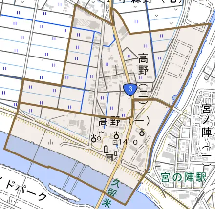 高野とその周辺の地図。町の範囲を重ねている