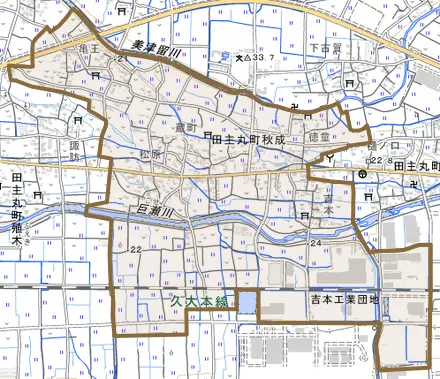 田主丸町秋成とその周辺の地図。町の範囲を重ねている