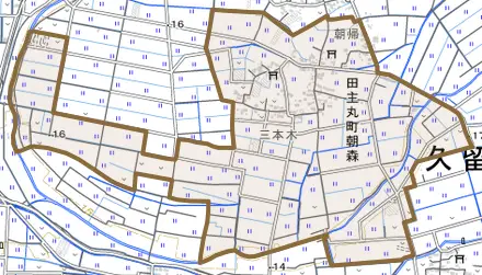 田主丸町朝森とその周辺の地図。町の範囲を重ねている